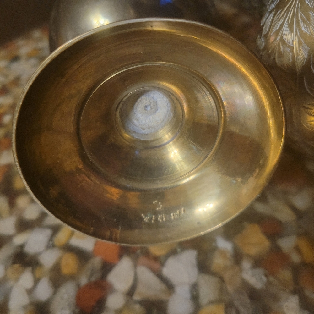 2 Vintage Engraved Brass‎ Pitcher Cruet Vase world gift 10" MCM India tea pot - Picture 12 of 13